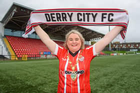 Councillor Sandra Duffy, Mayor of Derry City and Strabane District Council pictured at the Brandywell Stadium ahead of this weekends FAI Cup Final when the Candy Strips travel to the Aviva Stadium to take on Shelbourne. Picture Martin McKeown. 07.11.22
