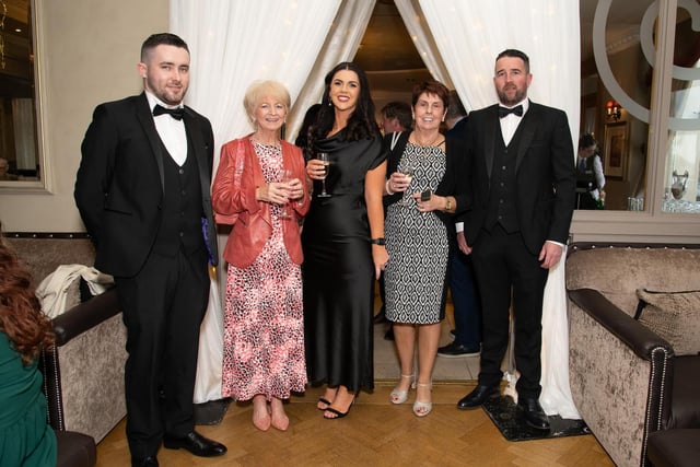 Liam Farren, Anne Marie Breslin, Maria Simpson, Monica Simpson and James McCloskey at the Carndonagh Traders Association Business and Community Awards in Ballyliffen Lodge Hotel on Saturday night last.   Photo Clive Wasson