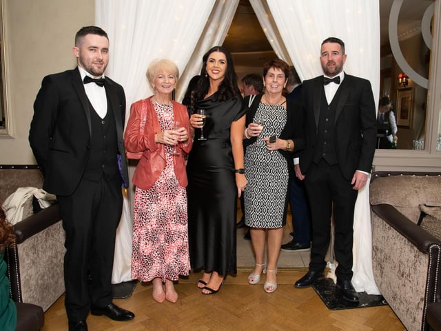 Liam Farren, Anne Marie Breslin, Maria Simpson, Monica Simpson and James McCloskey at the Carndonagh Traders Association Business and Community Awards in Ballyliffen Lodge Hotel on Saturday night last. Photo Clive Wasson