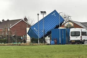 A capsized shipping container in Galliagh
