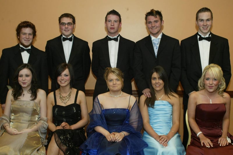 Seated are Tracy Murphy, Grainne Deeney, Sara Logue, Eileen McCourt and Danielle Molloy.  Standing are John Coates, Gay Robinson, Stephen Healy, Paul Grant and Anthony Strawbridge.  (0203JB30) :Attendees enjoying the Thornhill College formal in April 2004.