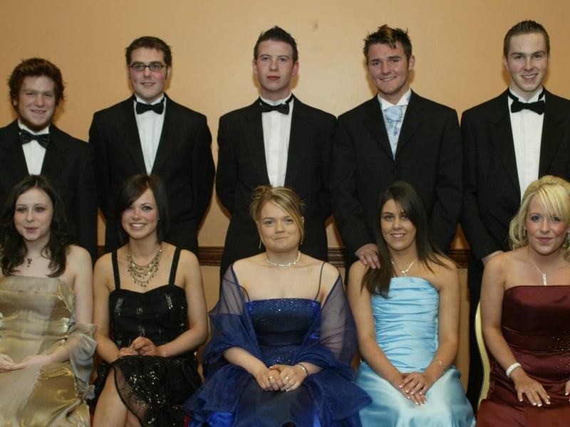 Seated are Tracy Murphy, Grainne Deeney, Sara Logue, Eileen McCourt and Danielle Molloy. Standing are John Coates, Gay Robinson, Stephen Healy, Paul Grant and Anthony Strawbridge. (0203JB30) :Attendees enjoying the Thornhill College formal in April 2004.