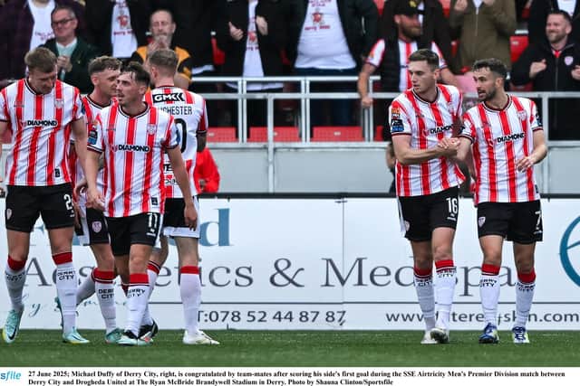 Sam Todd celebrates scoring Derry's opening goal of the match after Michael Duffy found him with a cross against Drogheda United.