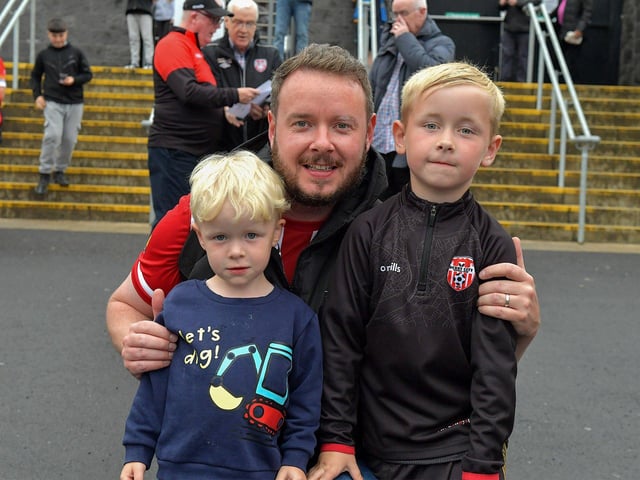 Smiling fans arrive at the Brandywell Stadium for Derry City’s game against Cork City. Photograph: George Sweeney. DER2325GS – 83