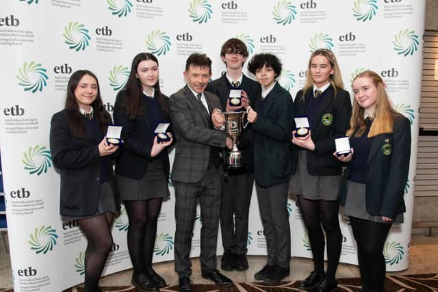 Director of Schools Dr Martin Gormley presents Crana College with the Donegal ETB Debate Forum Cup at the Donegal ETB inaugural  school’s debating competition in the Radisson Hotel Letterkenny. Photo Clive Wasson