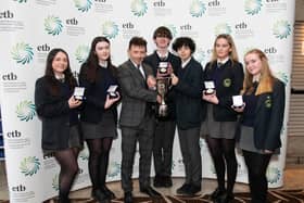 Director of Schools Dr Martin Gormley presents Crana College with the Donegal ETB Debate Forum Cup at the Donegal ETB inaugural  school’s debating competition in the Radisson Hotel Letterkenny. Photo Clive Wasson