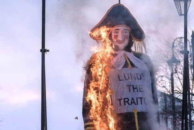 An effigy of Lundy burning at a previous demonstration