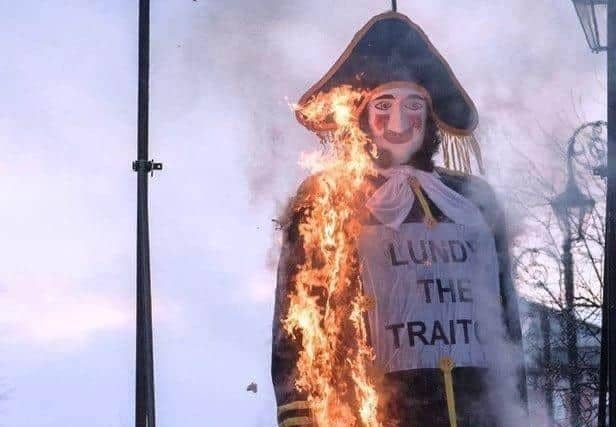 An effigy of Lundy burning at a previous demonstration