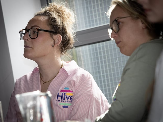 Michelle McLaren, Hive Cancer Support, pictured listening intently during Tuesday's event in the Gasyard.