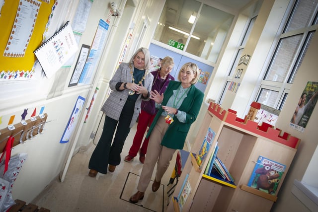 SCHOOL TOUR. . .  .The Mayor of Derry City and Strabane District Council, Sandra Duffy is given a tour of the Model Primary School by Michelle Ramsey, Principal and Daisy Mules, Board of Governors, during her visit.