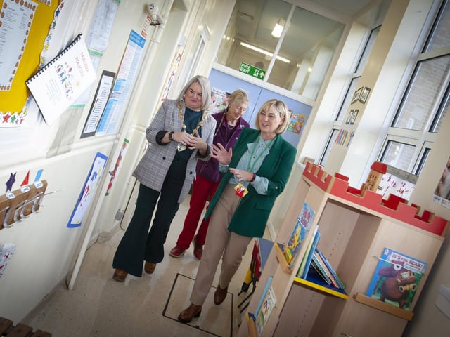 SCHOOL TOUR. . . .The Mayor of Derry City and Strabane District Council, Sandra Duffy is given a tour of the Model Primary School by Michelle Ramsey, Principal and Daisy Mules, Board of Governors, during her visit.