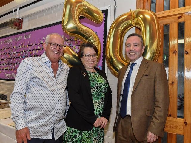 Board of Governers members Bobby Whoriskey and Catriona Coyle pictured with principal Eamonn Moore at St Oliver Plunkett’s Primary School’s 50th anniversary celebrations on Thursday evening.