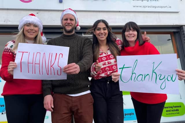 Staff at Spraoi agus Spórt saying a big THANK YOU to all of you who have donated to support their services to the Inishowen community in 2022. Left to Right are  Áine Kelly, Paul McCay, Elena Velázquez and Mary McWeeney