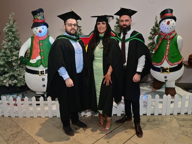 Pacemaker Press 13/12/22
From L-R Stephen Gallagher from Derry, Nicola McGee from Ballykelly and Leo Smyth from Kilrea ,Who graduated in Nursing at the Ulster University graduation in the Millennium Forum in Derry on Tuesday.
Pic Pacemaker:.