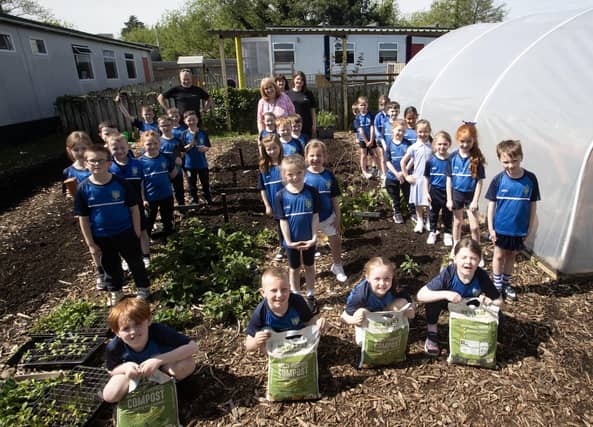 COMPOSTING. . . . Pupils from Hollybush Primary School pictured celebrating 'International Compose Awareness Week' at the school on Tuesday of this week. Included are Kyle Suckling and Sharon McMaster, Natural World Products. (Photos: Jim McCafferty Photography)