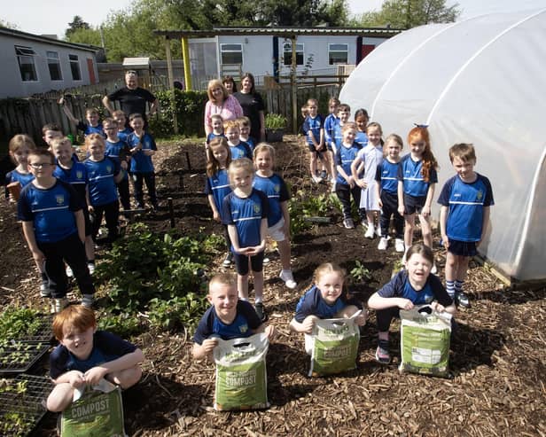 COMPOSTING. . . . Pupils from Hollybush Primary School pictured celebrating 'International Compose Awareness Week' at the school on Tuesday of this week. Included are Kyle Suckling and Sharon McMaster, Natural World Products. (Photos: Jim McCafferty Photography)