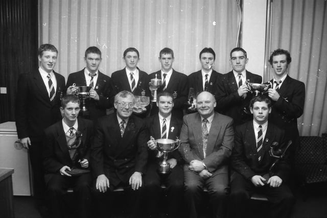 Seated, from left, Ronan Conway (Brendan Dolan Award for Gaelic Football), Tony Furey, Head of PE, Peter McCready (Basketball Prize), Dr. Reg North, Board of Governors, and Paul Kearney (Na Magha Award for Sport). Back, from left, are Jeffrey Gallagher and Peter Nelis (Conal Casey Award for Swimming), Mark Crossan (Derry City FC Prize for Soccer), Brian Higgins (Regan Award for Athletics), Paul Kenny (Chess Prize), Richard Stewart and David Walker (Tom Dunbar Award for Commitment) at the St. Columb's College prizegiving.