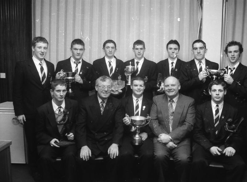 Seated, from left, Ronan Conway (Brendan Dolan Award for Gaelic Football), Tony Furey, Head of PE, Peter McCready (Basketball Prize), Dr. Reg North, Board of Governors, and Paul Kearney (Na Magha Award for Sport). Back, from left, are Jeffrey Gallagher and Peter Nelis (Conal Casey Award for Swimming), Mark Crossan (Derry City FC Prize for Soccer), Brian Higgins (Regan Award for Athletics), Paul Kenny (Chess Prize), Richard Stewart and David Walker (Tom Dunbar Award for Commitment) at the St. Columb's College prizegiving.