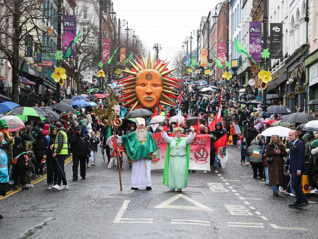 Deputy Mayor Niree McMorris with St. Patrick, leading the St. Patrick’s Day Parade coming down Shipquay Street. (Photo - Deirdre Heaney, nwpresspics)
