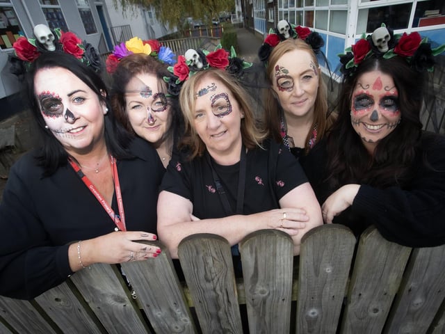 Greenhaw PS classroom assistants taking part in the Fancy Dress Parade on Friday last. From left, Ms. Devine, Mrs. McIntyre, Miss Wilson, ??????? and Miss O'Kane. (Photos: Jim McCafferty Photography) : .