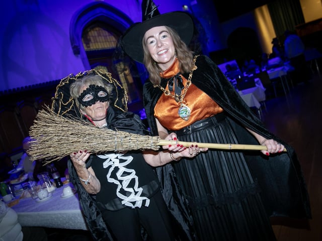 Margaret Duffy shows off her Halloween costume alongside Mayor, Grace Ui Niallais at the Guildhall on Monday.