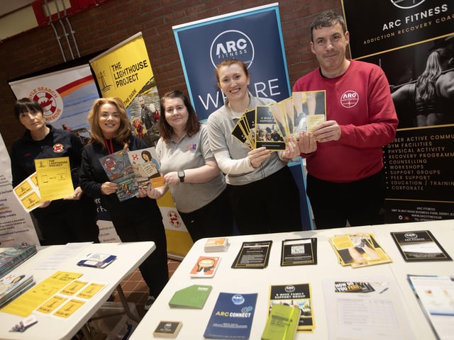 Some of those on stalls pictured on Tuesday night. From left, Laura Mitchell and Emma Brolly, Foyle Search and Rescue,Wendy McLaughlin and Julie White, OLT and Adrian McMenamin, ACE Fitness. (Photos: Jim McCafferty Photography)