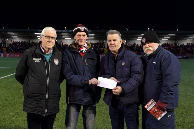 Derry City Development Committee members George Caldwell, Pat Gillen and Richard McKinney present a cheque for £10,000, proceeds from the club’s monthly draw, to board member Hugh Harkin, second from the right, before the game against Dundalk.  Photo: George Sweeney. DER2310GS – 062