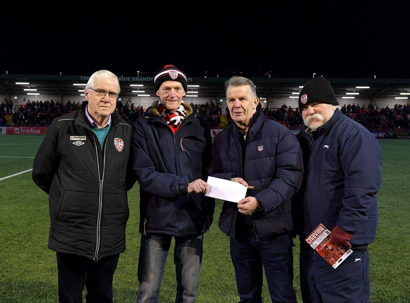 Derry City Development Committee members George Caldwell, Pat Gillen and Richard McKinney present a cheque for £10,000, proceeds from the club’s monthly draw, to board member Hugh Harkin, second from the right, before the game against Dundalk.  Photo: George Sweeney. DER2310GS – 062