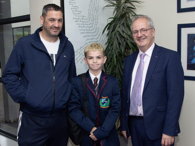 Mr. John Harkin, Principal, Oakgrove Integrated College welcoming new Year 8 pupils to the school on Friday morning. (Photos: Jim McCafferty Photography)