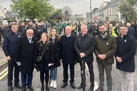 Mairéad Farrell with local Sinn Féin councillors at the Easter Rising commemoration in Stranorlar.