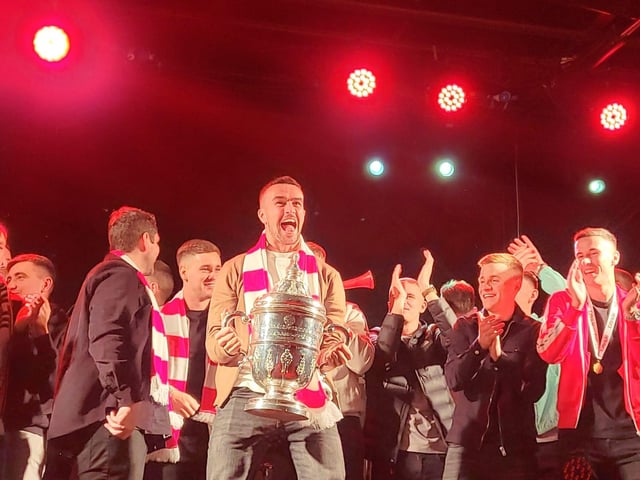 Derry City players' huge welcome home to the Guildhall Square after their FAI Cup Final win.