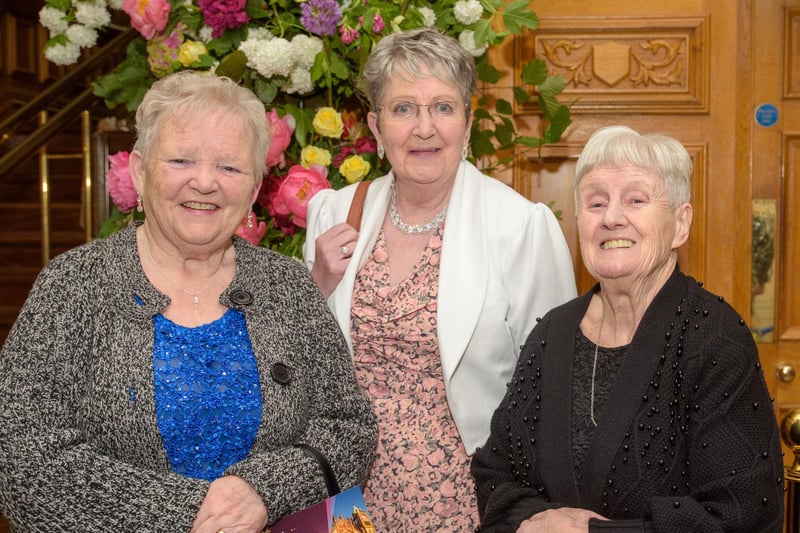 The Mayor Councillor Patricia Logue hosted the annual Mayor’s Ball in the Guildhall in aid of her crossed Charities the Foyle Hospice and Ryan McBride Foundation. Pictured at the event are guests, Margaret McDaid, Margaret Taylor and Nora Burke Picture Martin McKeown. 24.05.24