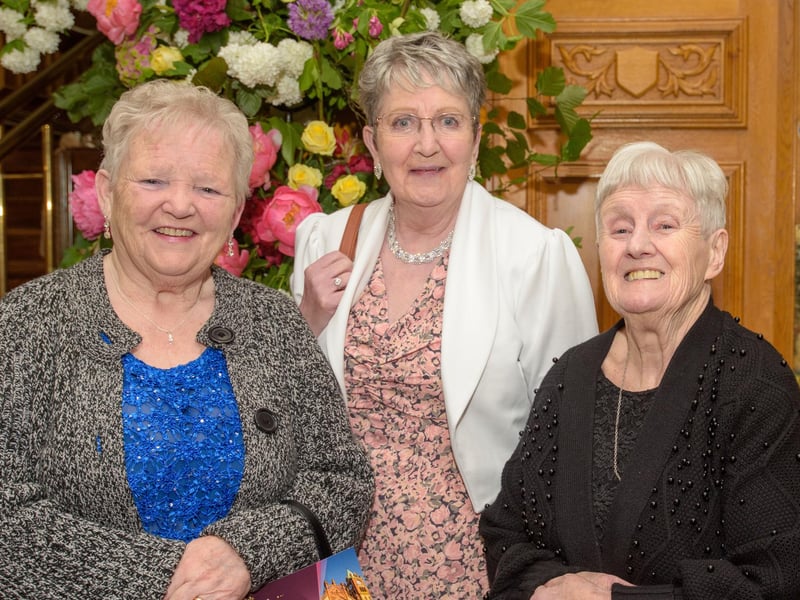 The Mayor Councillor Patricia Logue hosted the annual Mayor’s Ball in the Guildhall in aid of her crossed Charities the Foyle Hospice and Ryan McBride Foundation. Pictured at the event are guests, Margaret McDaid, Margaret Taylor and Nora Burke Picture Martin McKeown. 24.05.24