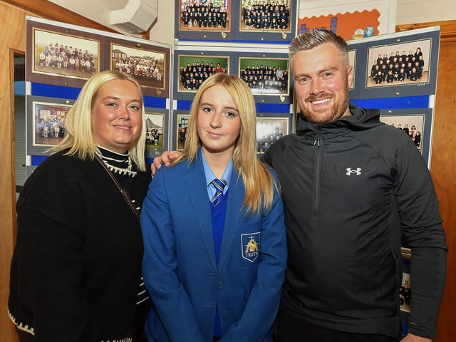 Former pupil Shauna Duffy pictured with her mum Beibhinn and Peter Doherty at St Oliver Plunkett’s Primary School’s 50th anniversary celebrations on Thursday evening.