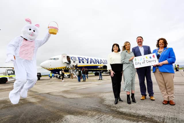 Derry to Birmingham with Ryanair... Left to right: Brenda Morgan MBE, City of Derry Airport Head of Business Development, Jade Kirshaw, Head of Communications, Ryanair, Steve Frazer, Ariport Managing Director and Mayor of Derry City & Strabane District Patricia Logue. (Lorcan Doherty Photography).