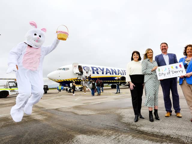 Derry to Birmingham with Ryanair... Left to right: Brenda Morgan MBE, City of Derry Airport Head of Business Development, Jade Kirshaw, Head of Communications, Ryanair, Steve Frazer, Ariport Managing Director and Mayor of Derry City & Strabane District Patricia Logue. (Lorcan Doherty Photography).
