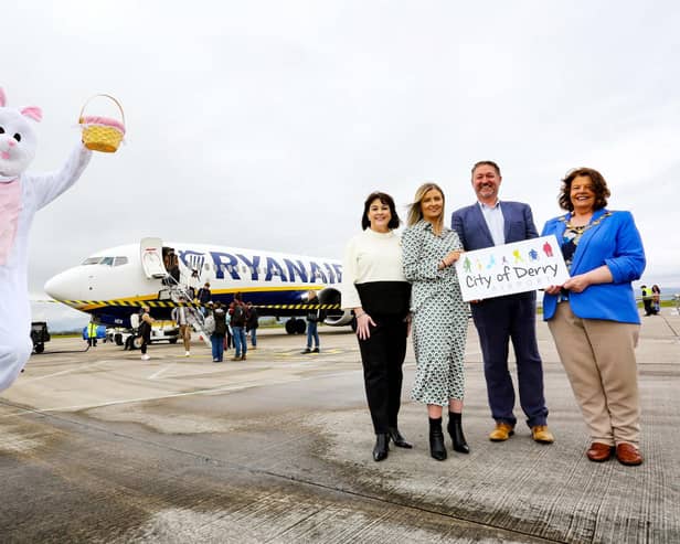 Derry to Birmingham with Ryanair... Left to right: Brenda Morgan MBE, City of Derry Airport Head of Business Development, Jade Kirshaw, Head of Communications, Ryanair, Steve Frazer, Ariport Managing Director and Mayor of Derry City & Strabane District Patricia Logue. (Lorcan Doherty Photography).