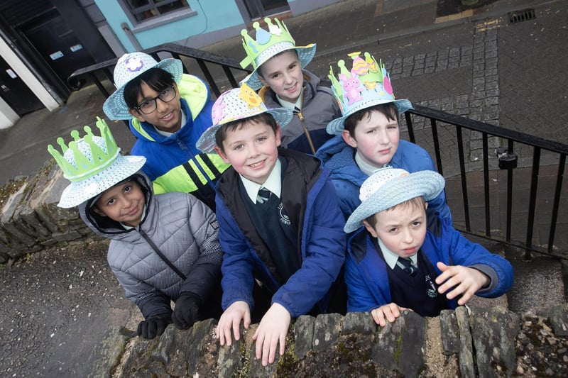 Pupils from Long Tower PS show off their Easter bonnets on Wednesday.