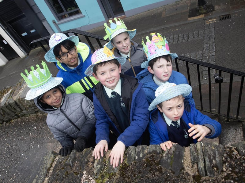 Pupils from Long Tower PS show off their Easter bonnets on Wednesday.