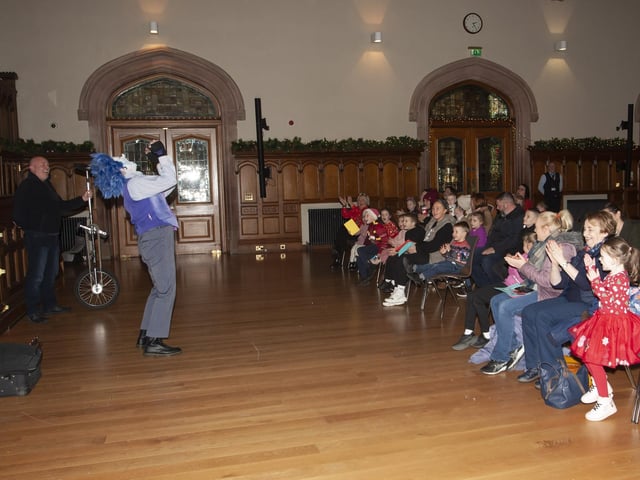Clowning around with some magical tricks at the Guildhall on Saturday.:.