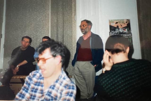 The late Stephen Gargan pictured, seated at back on the left, in 1993 at the opening of 1 West End Park as the HQ of the Pat Finucane Centre. Photo: Bloody Sunday Trust.