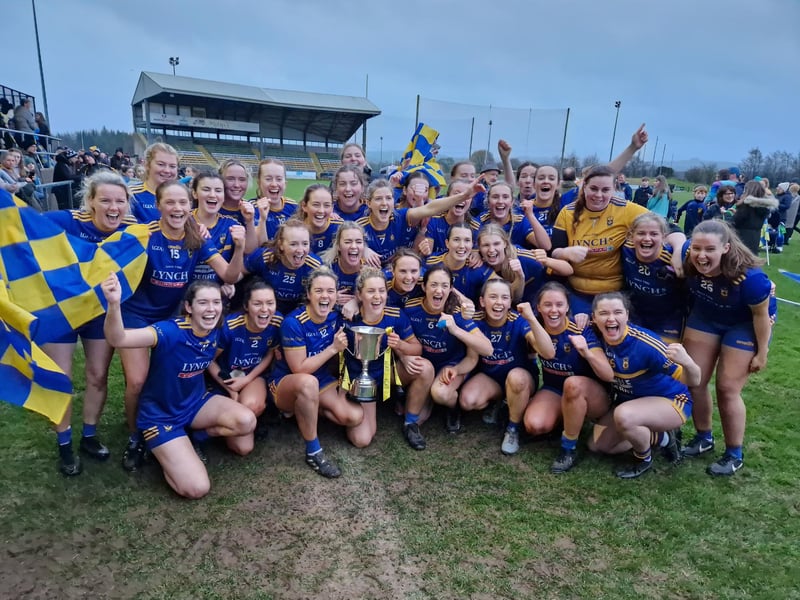November 2023: Steelstown Brian Ogs Ladies celebrate their Ulster Intermediate title success against Glenavy.