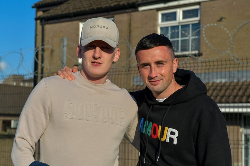 Former Derry City players Ronan Curtis and Aaron McEneff pictured at the Brandywell before Derry City’s game against Dundalk on Monday evening. Photo: George Sweeney. DER2320GS – 41