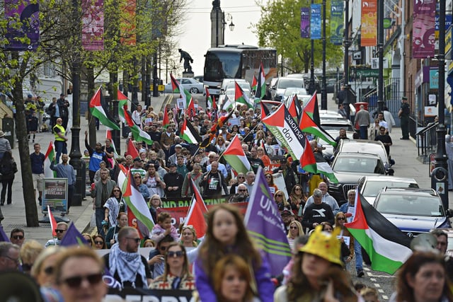 Supporters take part in a Freedom for Palestine march and rally on Saturday afternoon.  Photo: George Sweeney
