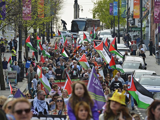 Supporters take part in a Freedom for Palestine march and rally on Saturday afternoon. Photo: George Sweeney