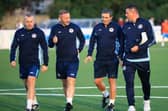 Institute FC manager Peter Hutton and his backroom team including (second from left) former Cliftonville and Glenavon boss Paddy McLaughlin. (Photo - Tom Heaney, nwpresspics)