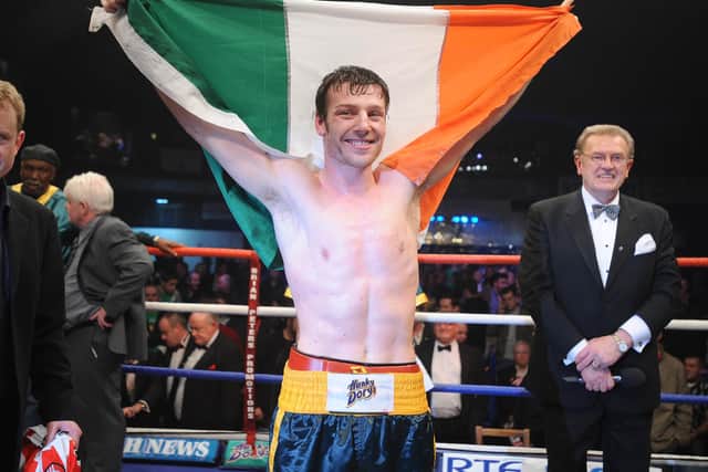 John Duddy celebrates his victory over Howard Eastman at the Kings Hall, Belfast in 2007.