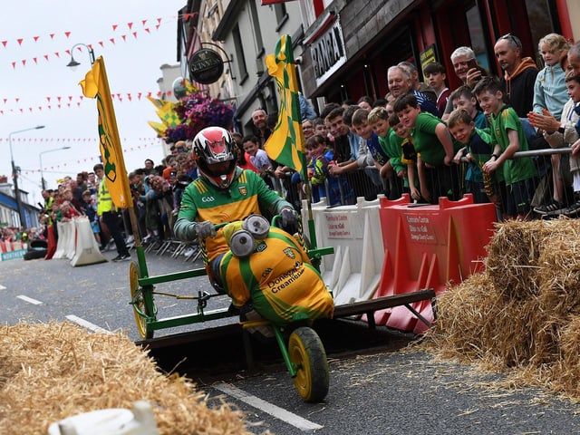 Competitor takes part in the Soap Box Derby run, held in Carndonagh, on Saturday afternoon. Photo: George Sweeney