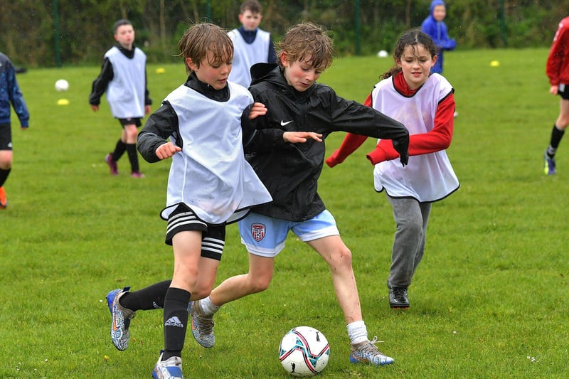 Soccer skills on show at the Derry City Easter Camp, on Tuesday, at Broadbridge Primary School. Picture: George Sweeney. DER2315GS – 126