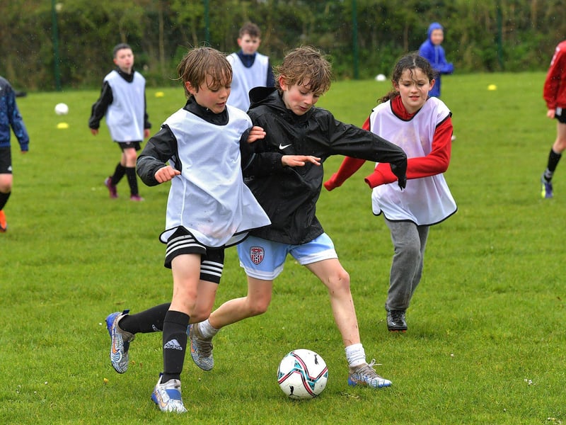 Soccer skills on show at the Derry City Easter Camp, on Tuesday, at Broadbridge Primary School. Picture: George Sweeney. DER2315GS – 126